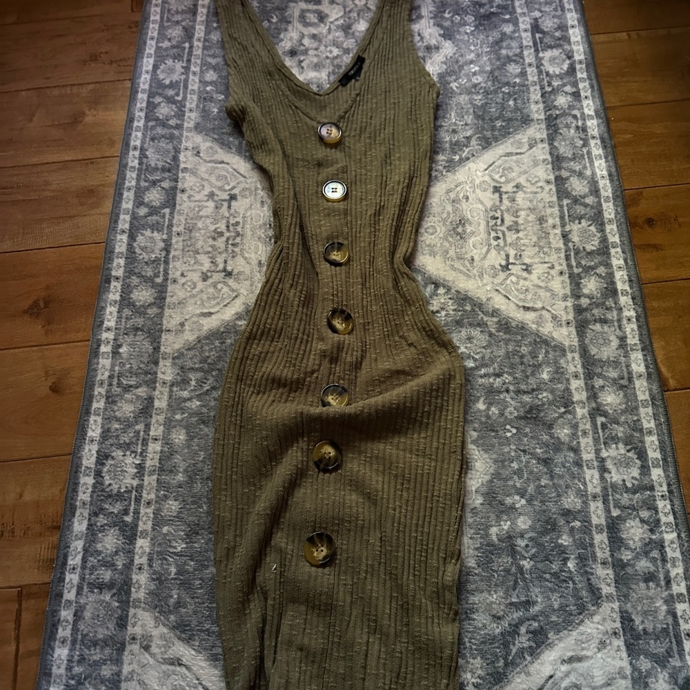 Olive Button-Down Ribbed Dress